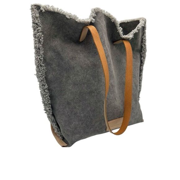 Jamie Young Co. Gray Canvas Tote Bag Shopper Fringe Trim Interior Design - Picture 12 of 13